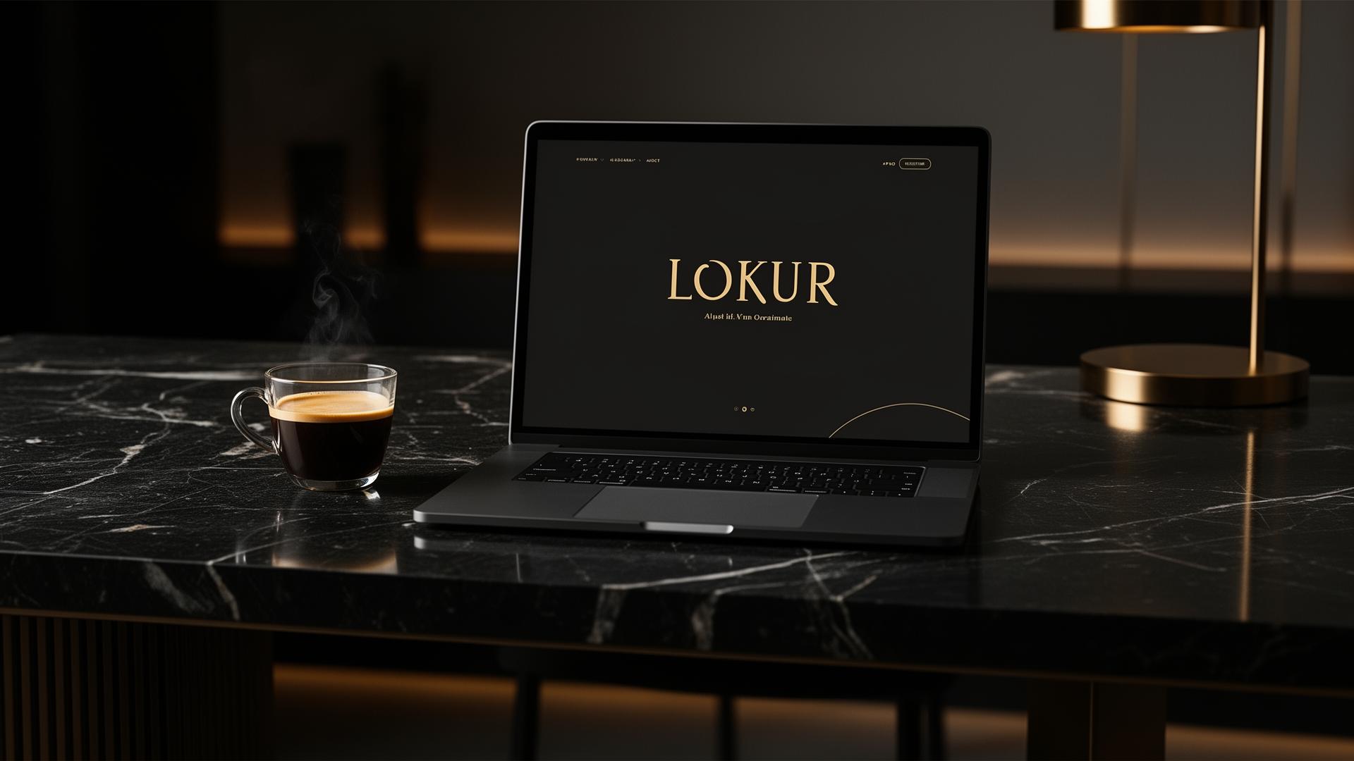 Professional website design for small businesses β laptop with elegant gold typography on dark marble desk